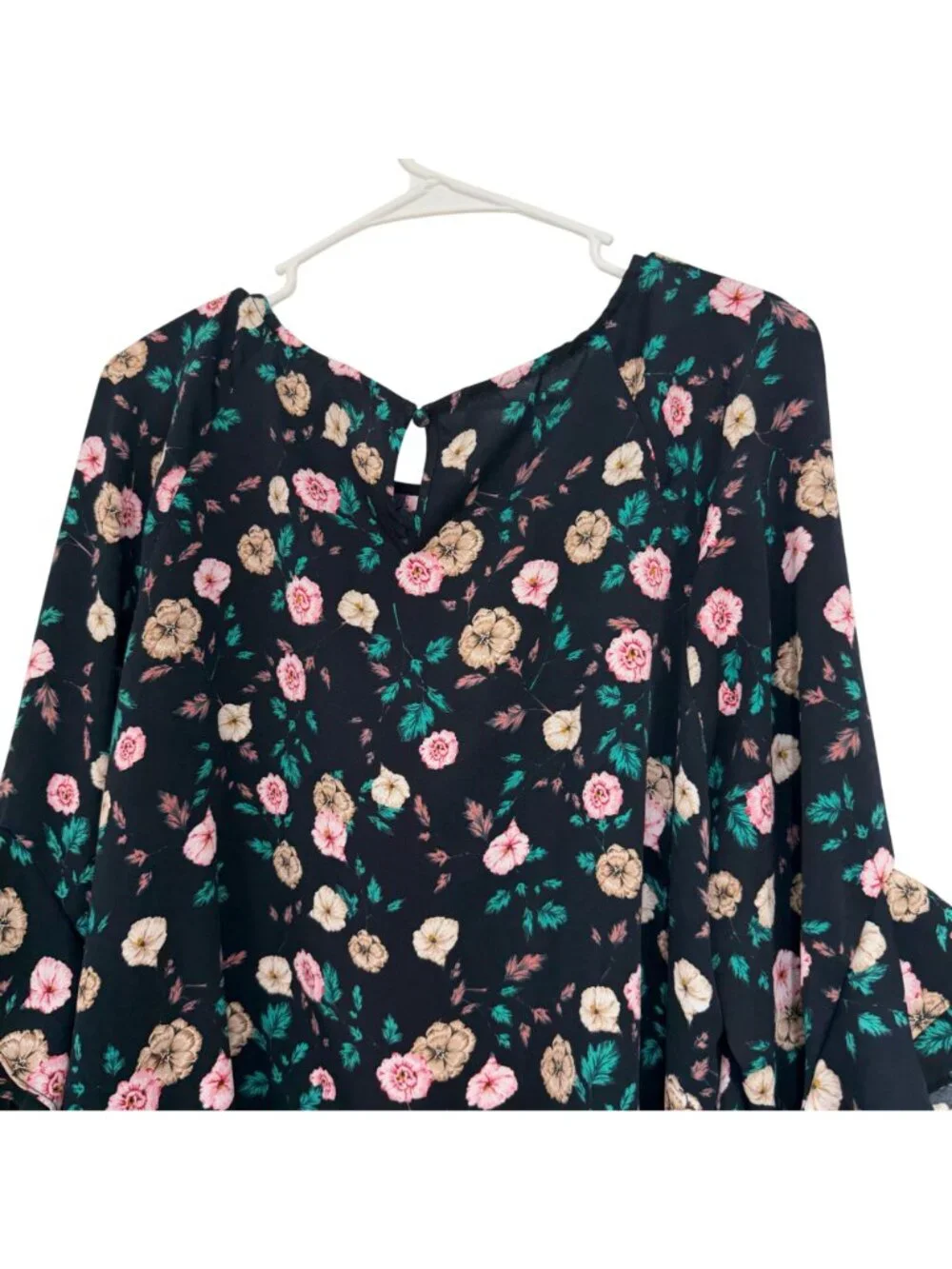 Kate & Mallory Women Black Floral 3/4 Ruffle Sleeve Blouse SZ XL 100% Polyester